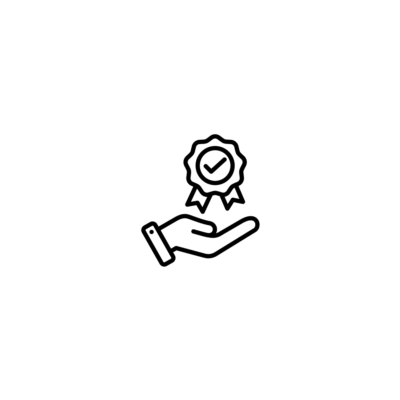 Hand holding badge with checkmark icon.